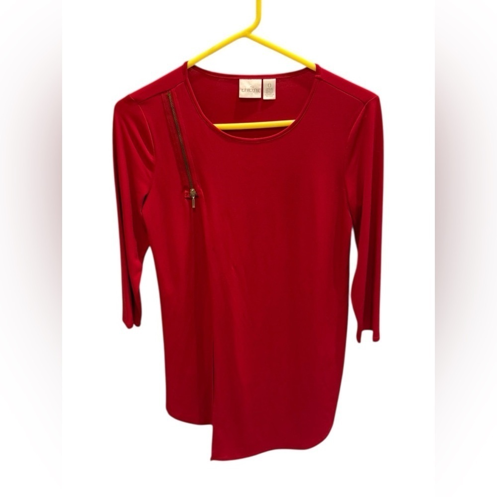 Chico’s Tunic Red Pullover Round Neck Blouse 3/4 Sleeve Zipper Accent Size Small